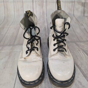 Dr Martens Wome White Leather Lace-Up Casual Block Heel Vintage Combat Boot